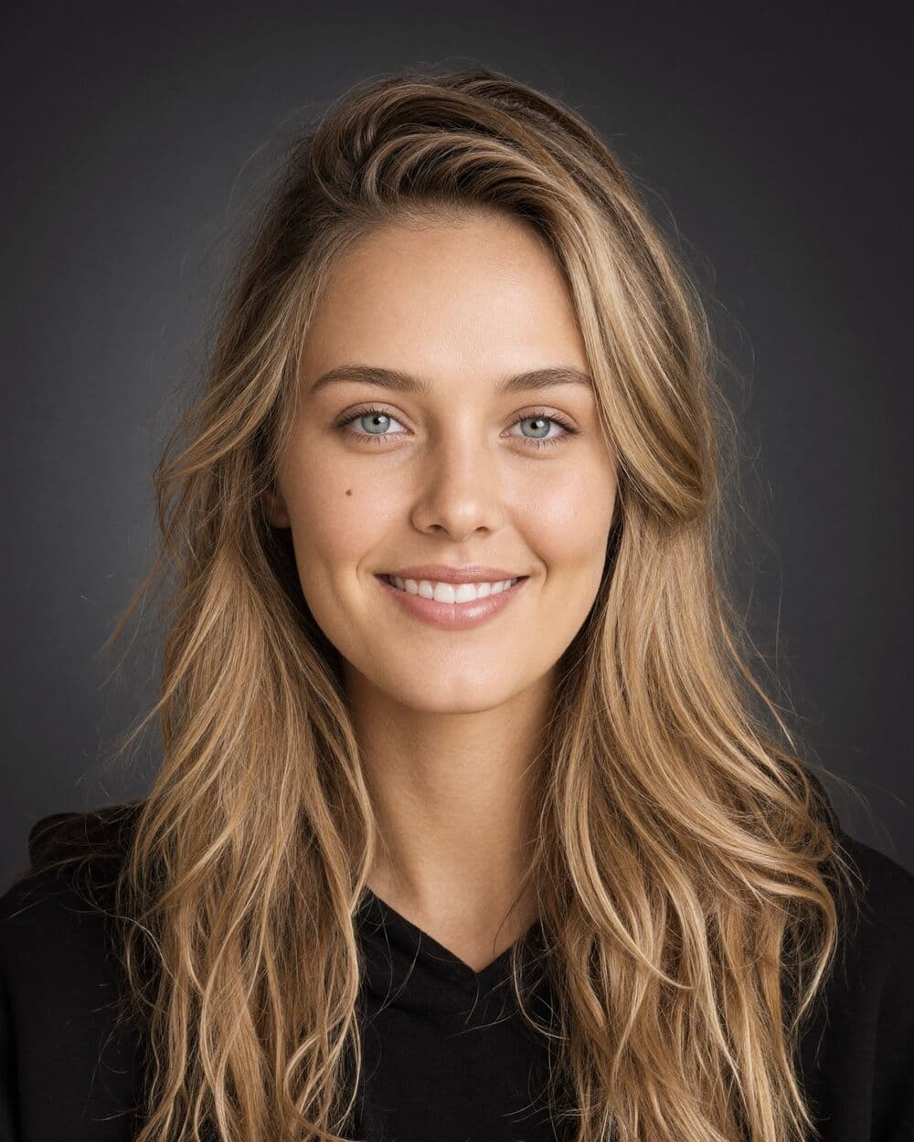 Lexi im Studio vor dunkelgrauem Grund, schwarzer Hoodie, lange blonde Haare